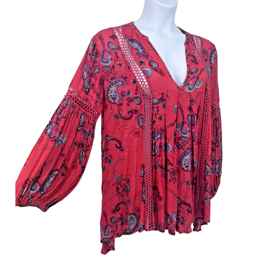 Free People Oversized Tunic Paisley Crochet Lace Peasant balloon Sleeve boho S